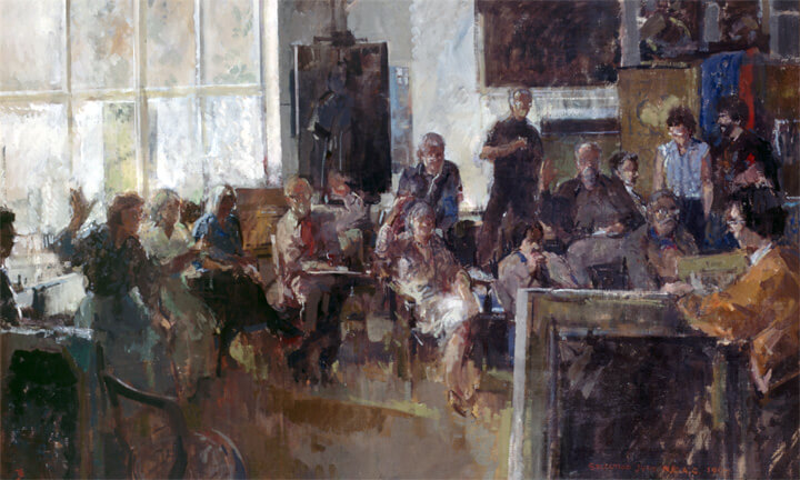 Painting by Tom Coates, NEAC entitled "The Selecting Jury of the New English Art Club". Edward is pictured in the middle of the painting with his left hand raised.