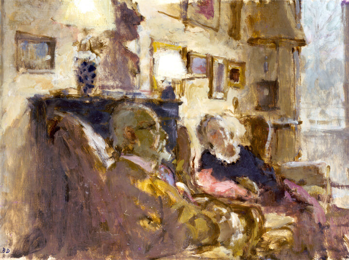 Oil painting by Bernard Dunstan, RA of Edward and Celeste in their living room in Hampstead in 1989.